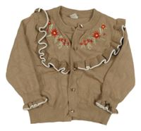 Hnědý propínací svetr s květy a volánky SHEIN