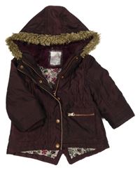 Tmavovínová šusťáková zimní parka s kapucí s kožešinou F&F