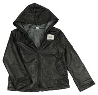 Čierna koženková zateplená bunda s nášivkou a kapucňou SHEIN