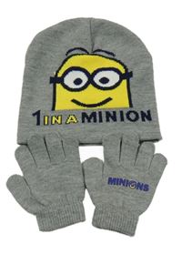 2Set - Šedá melírovaná čepice s Mimoněm + prstové rukavice s protiskluzem 