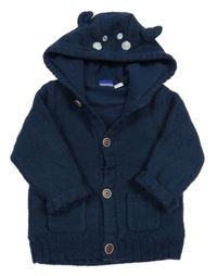 Tmavomodrý pletený propínací podšitý svetr s kapucí s oušky lupilu