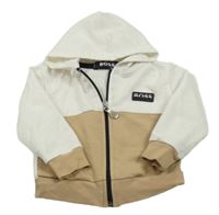 Bílo-hnědá propínací mikina s nášivkou a kapucí 