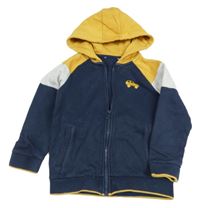 Tmavomodro-světlešedo-okrová propínací mikina s jeepem a kapucí C&A