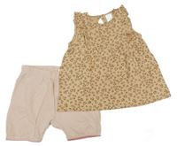 2Set - Béžovo-hnedá vzorovaná šatová tunika s volánikmi PUSBLU + světlepudrové kraťasy H&M