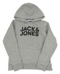 Šedá melírovaná mikina s logem a kapsou a kapucí JACK&JONES