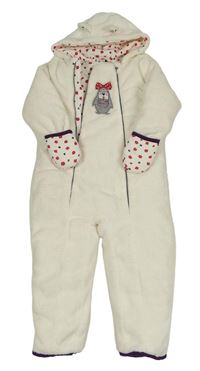 Smetanová chlupatá zateplená kombinéza s tučňákem a kapucí Papagino