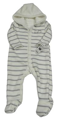 Nové - Bielo-světlemodro-tmavosivá pruhovaná tepláková kombinéza s nápisom a kapucí zn: Dunnes