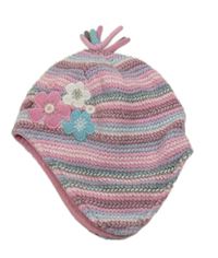 Růžovo-modro-šedá pruhovaná čepice s květy a třásněmi M&Co.