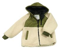 Béžovo-khaki huňato/šusťáková zateplená bunda s kapucí Tu