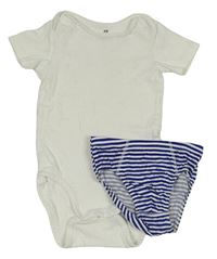 2set - Biele body + modro-biele pruhované slipy H&M
