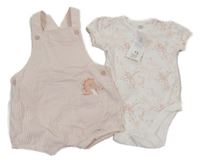 Nové - 2set - Bílo-růžové pruhované laclové kalhoty s dinosaurem + bílé vzorované body F&F
