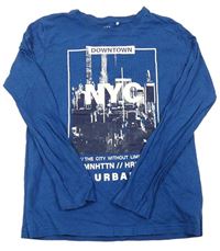 Modré vzorované tričko s nápisom a potlačou Yigga