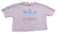 Svetloružové crop tričko s logom a farebnymi pruhmi Adidas