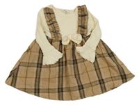 Hnedo-smotanové kockované šaty s mašlou shein