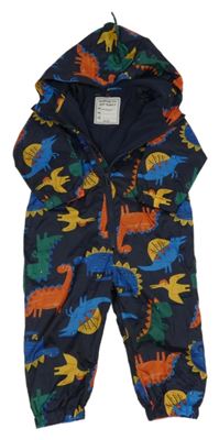 Tmavomodro-farebná šušťáková jarná kombinéza s dinosaurami a kapucňou