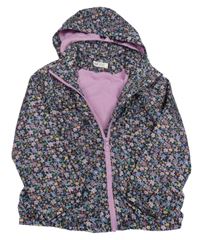 Černo-fialová květovaná šusťáková jarní bunda s kapucí H&M
