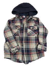 Béžovo-tmavomodro-červená kostkovaná košile s kapucí Tu