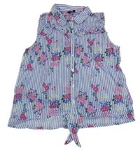 Bílo-modrá pruhovaná květovaná halenka Pocopiano