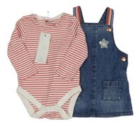 Nové - 2set - Červeno-bílé pruhované body + modré riflové laclové šaty F&F