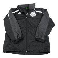 Čierno-sivo-biela šušťáková športová bunda s potlačou a kapucňou Erima