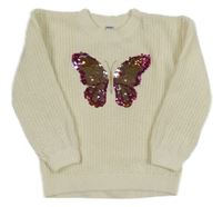 Smetanový žinylkový svetr s motýlkem z flitrů Dopodopo
