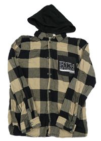 Béžovo-čierna kockovaná košeľa s nápisom a teplákovou kapucňou C&A