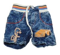 Tmavomodré plesňové plátenné kraťasy s autom a úpletovým pasom