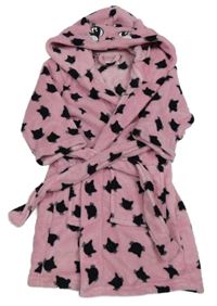 Růžovo-černý plyšový župan s kočičkami a kapucí Sinsay