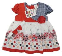 Nové - 2set - Bielo-modro-červené kvetované šaty s květy + bielo-červená čelenka s mašlou
