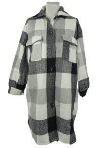Dámský černo-šedo-bílý kostkovaný flaušový košilový kabát