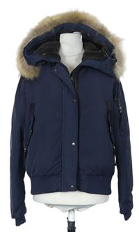 Dámska tmavomodrá šušťáková zimná bunda s kapucňou s kožúškom