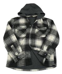 Čierno-sivo-smotanová kockovaná flaušová podšitá košeľová bunda s kapucňou George