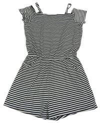 Čierno-biely pruhovaný bavlnený kraťasový overal C&A