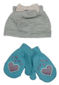 2set- šedá čepice s mašlí+ modré rukavice se srdíčky