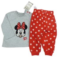 Nové - 2 set - šedá plyšová mikina s Minnie + červené plyšové tepláky s puntíky Primark