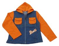 Modro-oranžová riflovo/tepláková bunda s nápisom a kapucňou