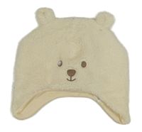Smetanová chlupatá podšitá čepice s medvídkem 