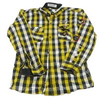 Černo-bílo-žlutá kostkovaná košile s nápisy a nášivkou 