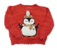 Červený chlpatý sveter s tučňákem z flitrů Primark