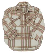 Bielo-hnedo-ružová kockovaná košeľová bunda