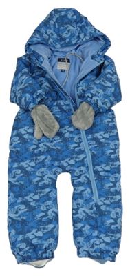 Modrá vzorovaná šusťáková zimní kombinéza s kapucí + rukavice Kiabi