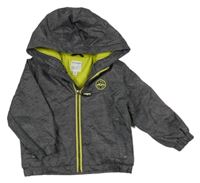 Tmavosivá melírovaná šušťáková jarná bunda s nášivkou a kapucňou