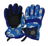 Modro-šedé šusťákové zimní rukavice s hviezdami a kosmonautem