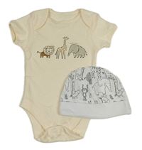 2set - Smetanové body + bílá čepice se zvířátky 