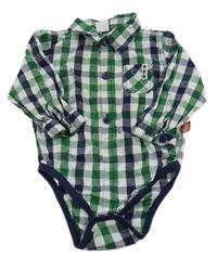 Bílo-zeleno-tmavomodré kostkované košilové body 