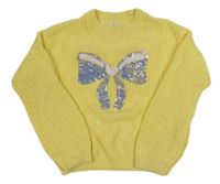 Žltý pletený sveter s mašlí z flitrů C&A