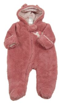 Ružová kožušinová zateplená kombinéza so slonom a kapucňou