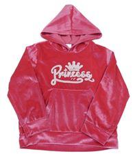 Ružová zamatová mikina s nápisem z kamínků a kapucňou