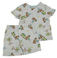 2set - Šedé tričko + kraťasy s obrázky Primark 