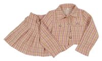 2set - Růžoo-bielo-béžový kockovaný crop kabátek + skladaná sukňa Shein